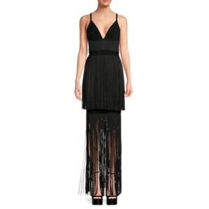 Herv� L�ger Two Tone Fringe Black Rayon Maxi Dress Size S
